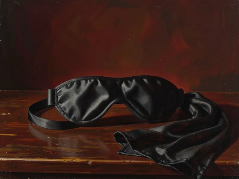 Dipinto a olio: una mascherina di raso nera e un foulard di seta piegato su un tavolo di legno