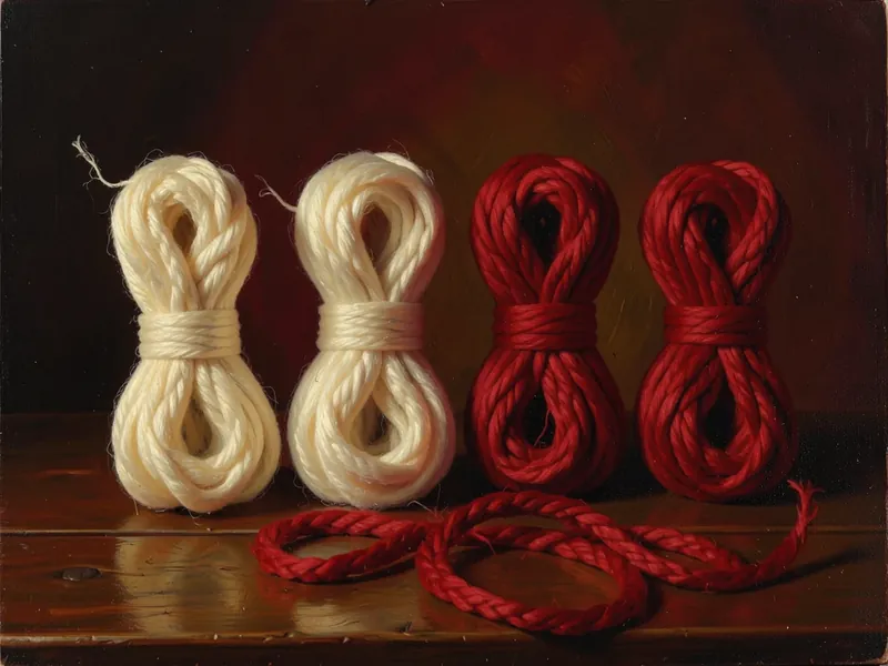 Dipinto a olio: matasse di corda di cotone bianca e rossa su velluto rosso