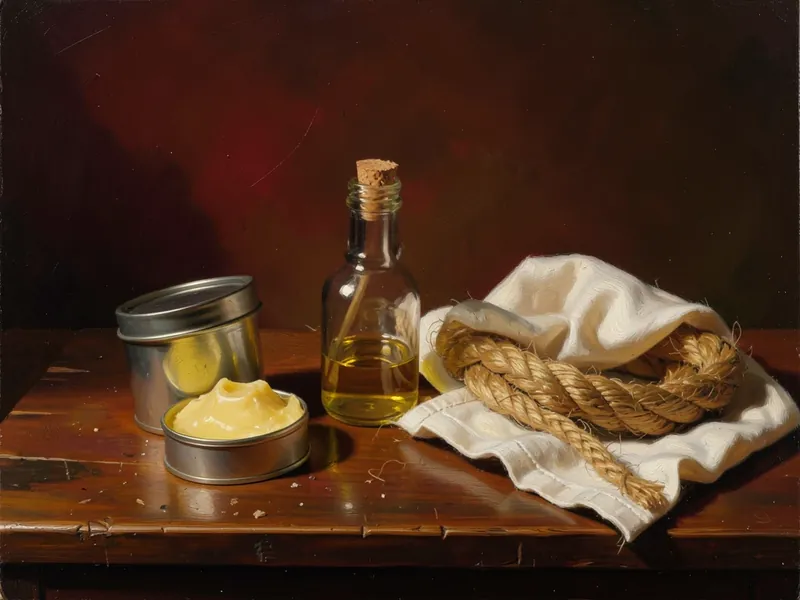 Dipinto a olio: una scatola di cera, un flacone d’olio e uno straccio appoggiati accanto a una corda di iuta