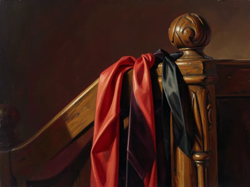 Dipinto a olio: un foulard di seta rosso, una cravatta e un nastro nero drappeggiati sul montante di un letto