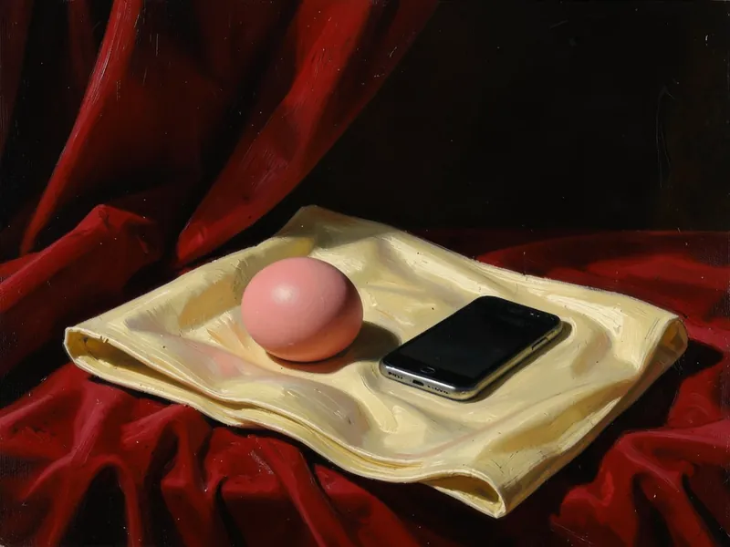 Dipinto a olio: un piccolo ciottolo di silicone rosa e un telefono capovolto su un tessuto di seta