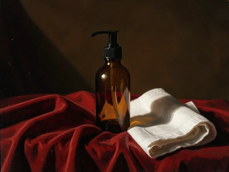 Dipinto a olio: una piccola boccetta di vetro ambrato e un panno bianco piegato su un tavolo di legno