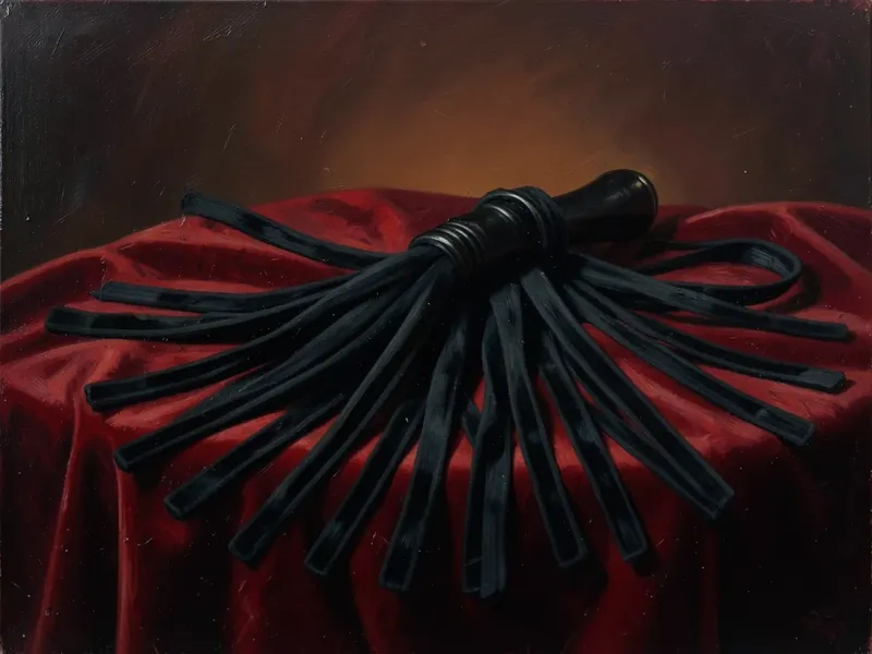 Dipinto a olio: un flogger con manico nero e code di pelle scamosciata aperte a ventaglio su velluto rosso