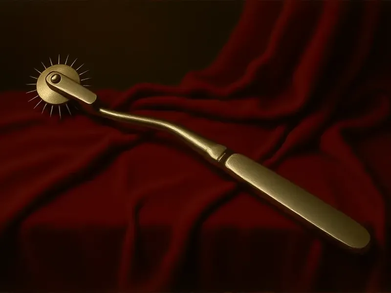 Dipinto a olio: una rotella di Wartenberg in acciaio, una piccola rotella a punte in cima a un lungo manico, sul velluto rosso