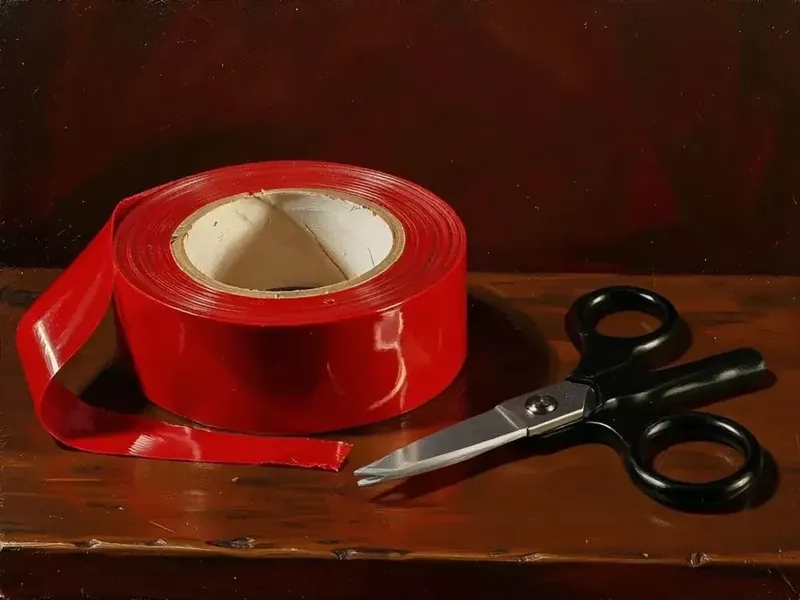 Dipinto a olio: un rotolo di nastro rosso lucido mezzo srotolato, accanto a un paio di forbici