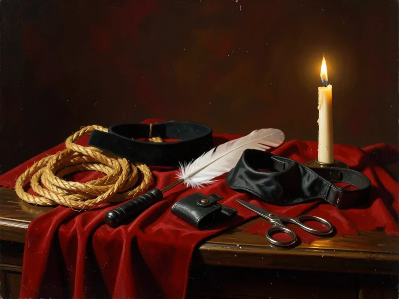 Dipinto a olio: corde di iuta, un flogger, una piuma, un collare, delle polsiere e una candela su velluto rosso